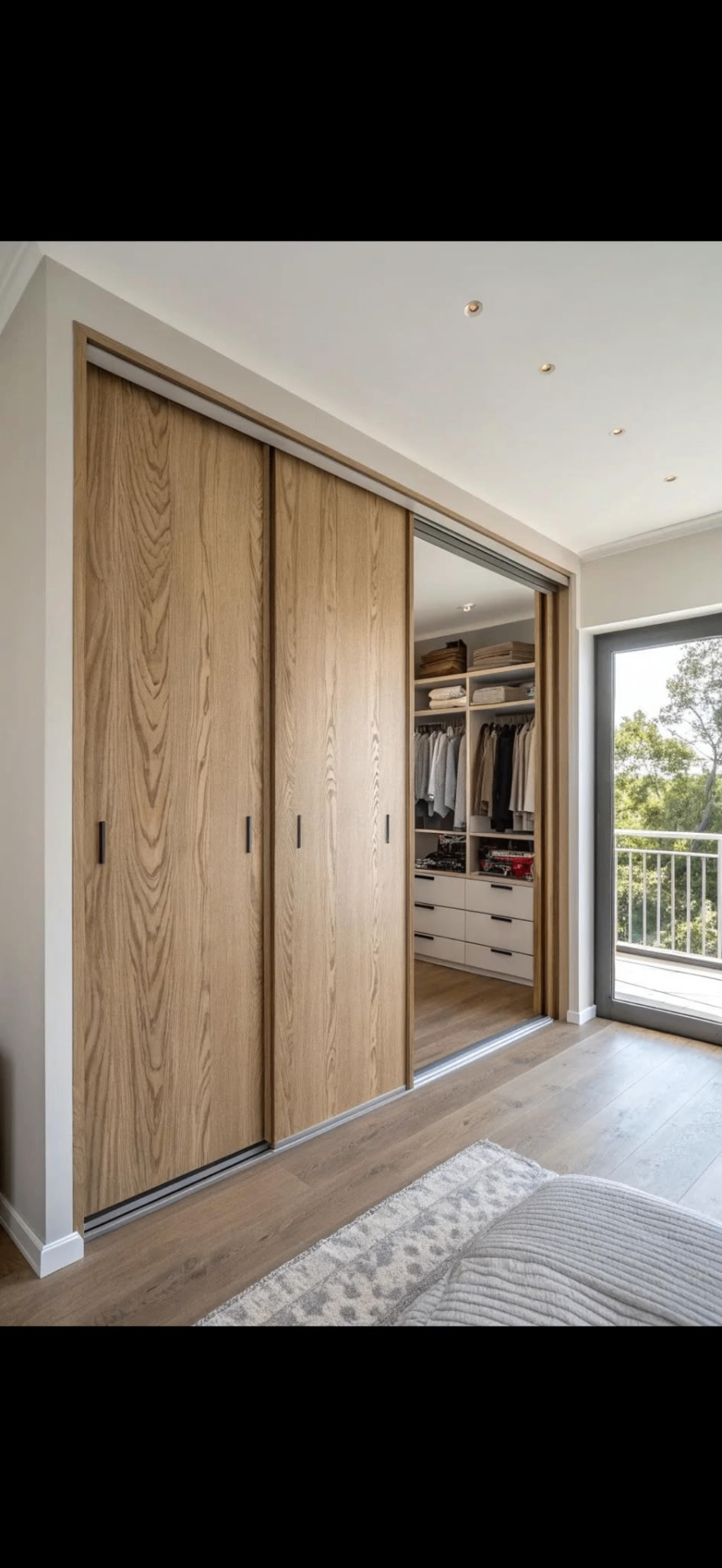 Light oak sliding wardrobe doors leading through to a walk-in dressing area