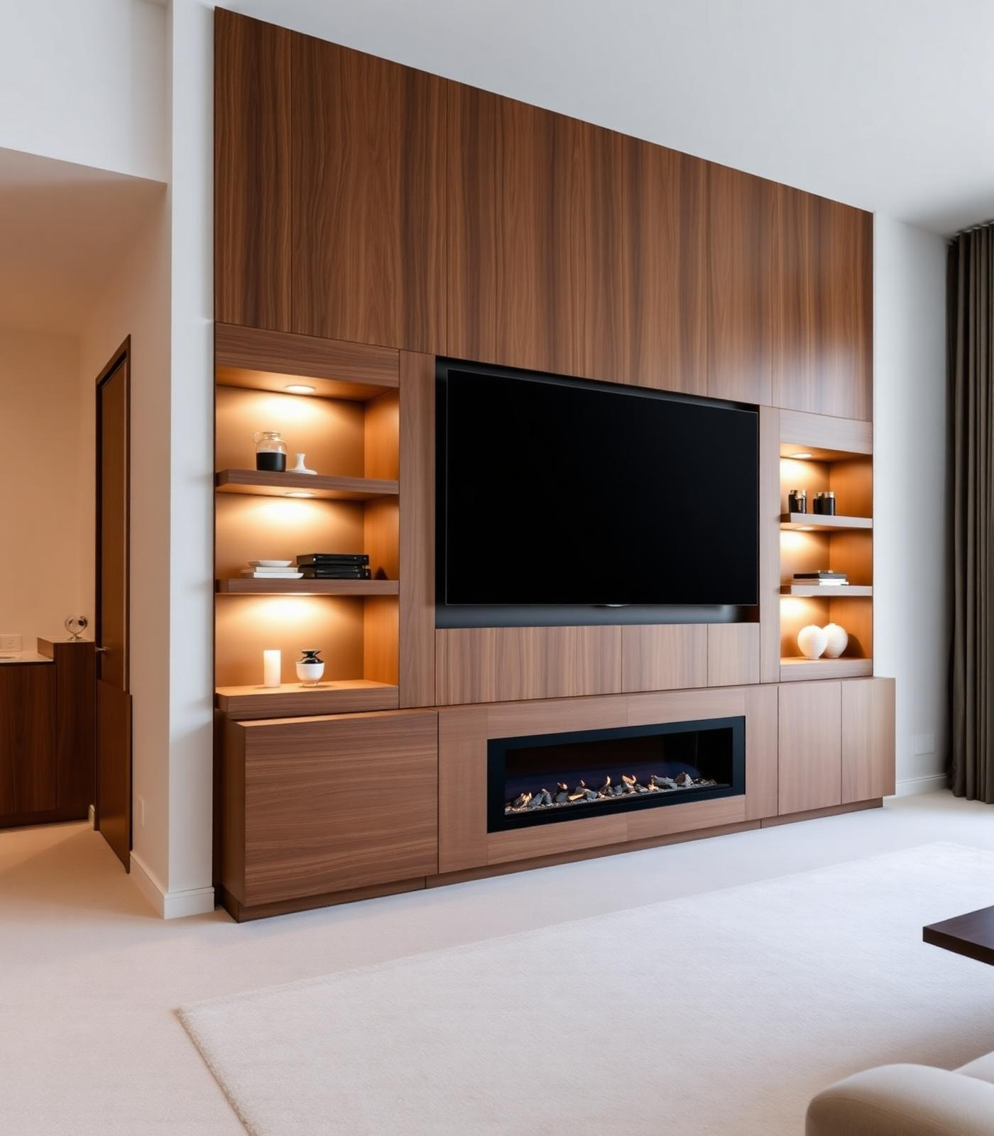 Charcoal fluted media wall with recessed TV and linear fireplace